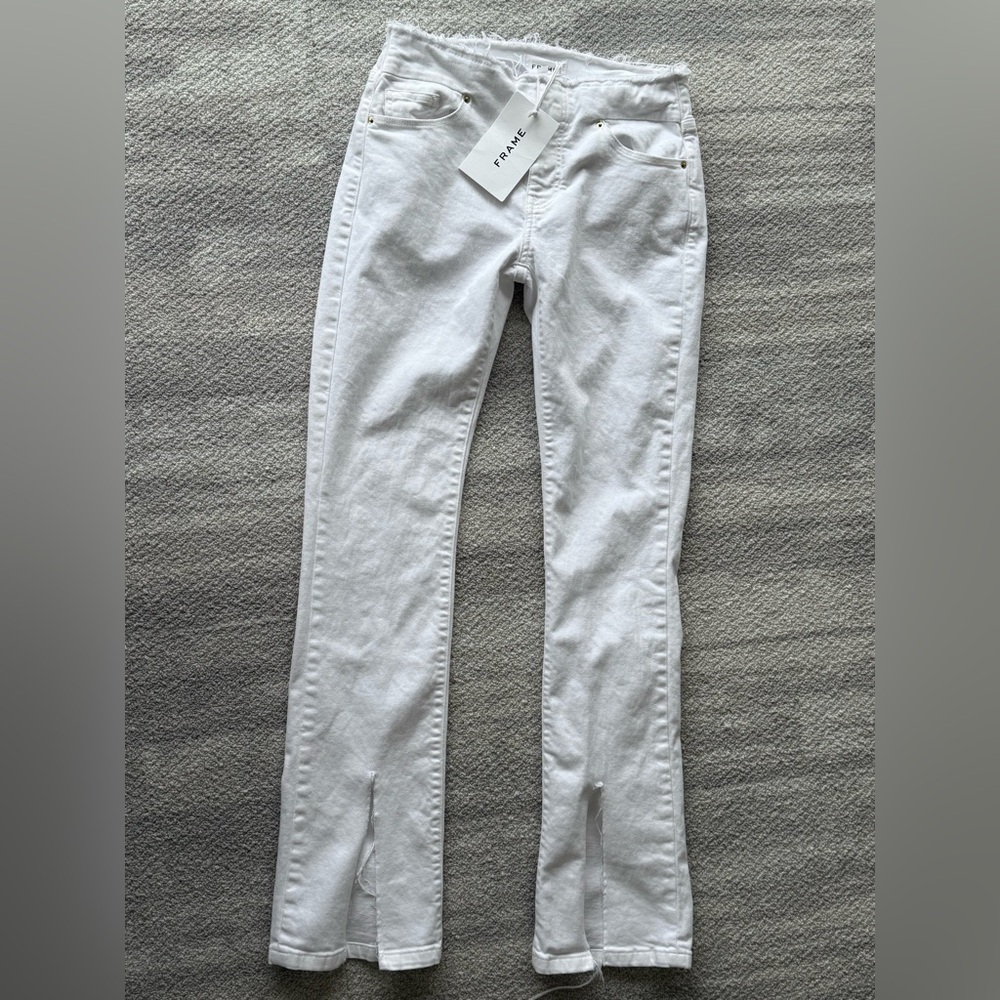 Frame Denim Crisp White Bootcut Jeans with Front Slits